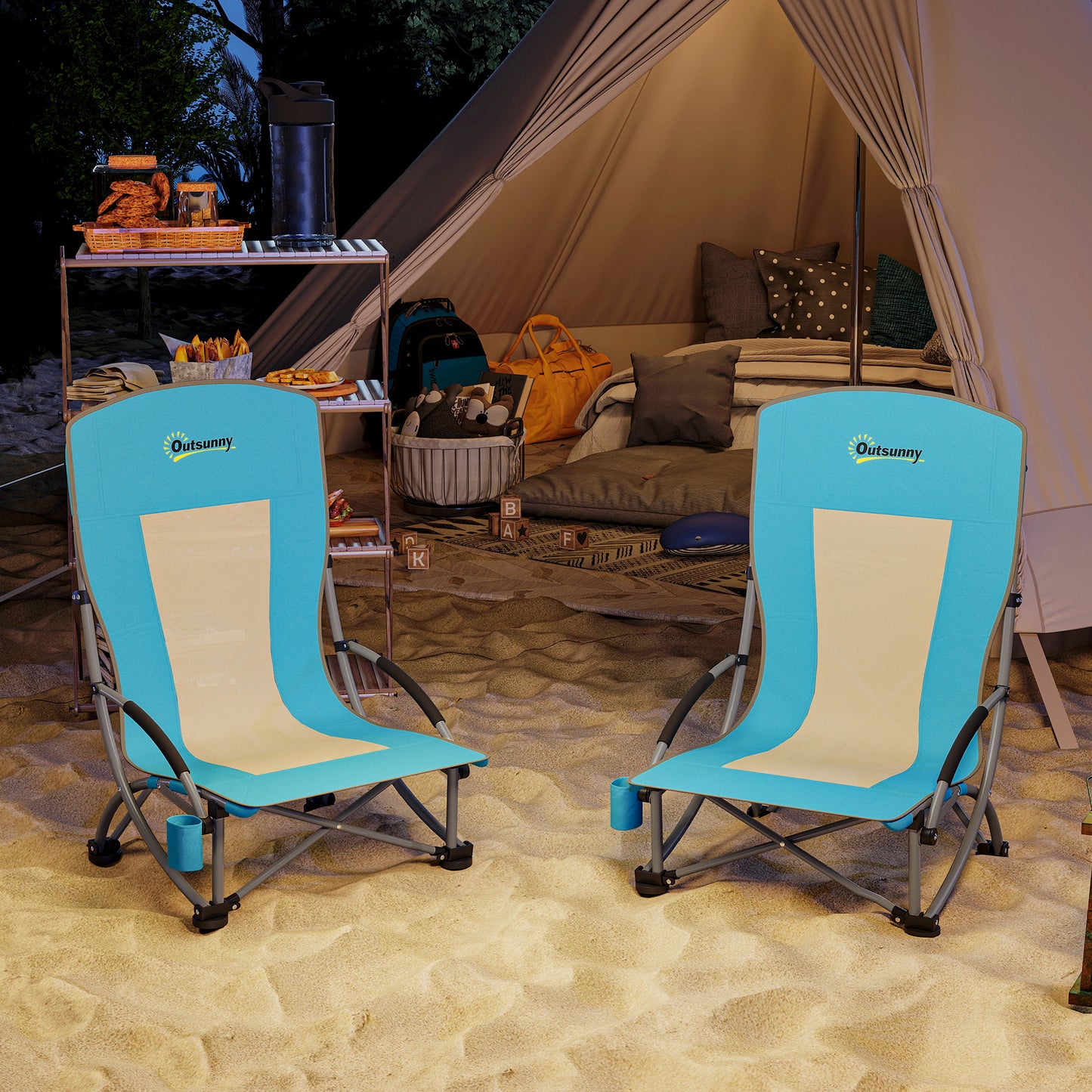 Set of 2 Folding Beach Chair, Low Camping Chair with Mesh Back