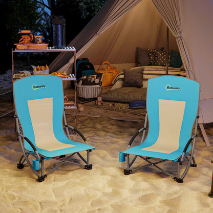 Set of 2 Folding Beach Chair, Low Camping Chair with Mesh Back