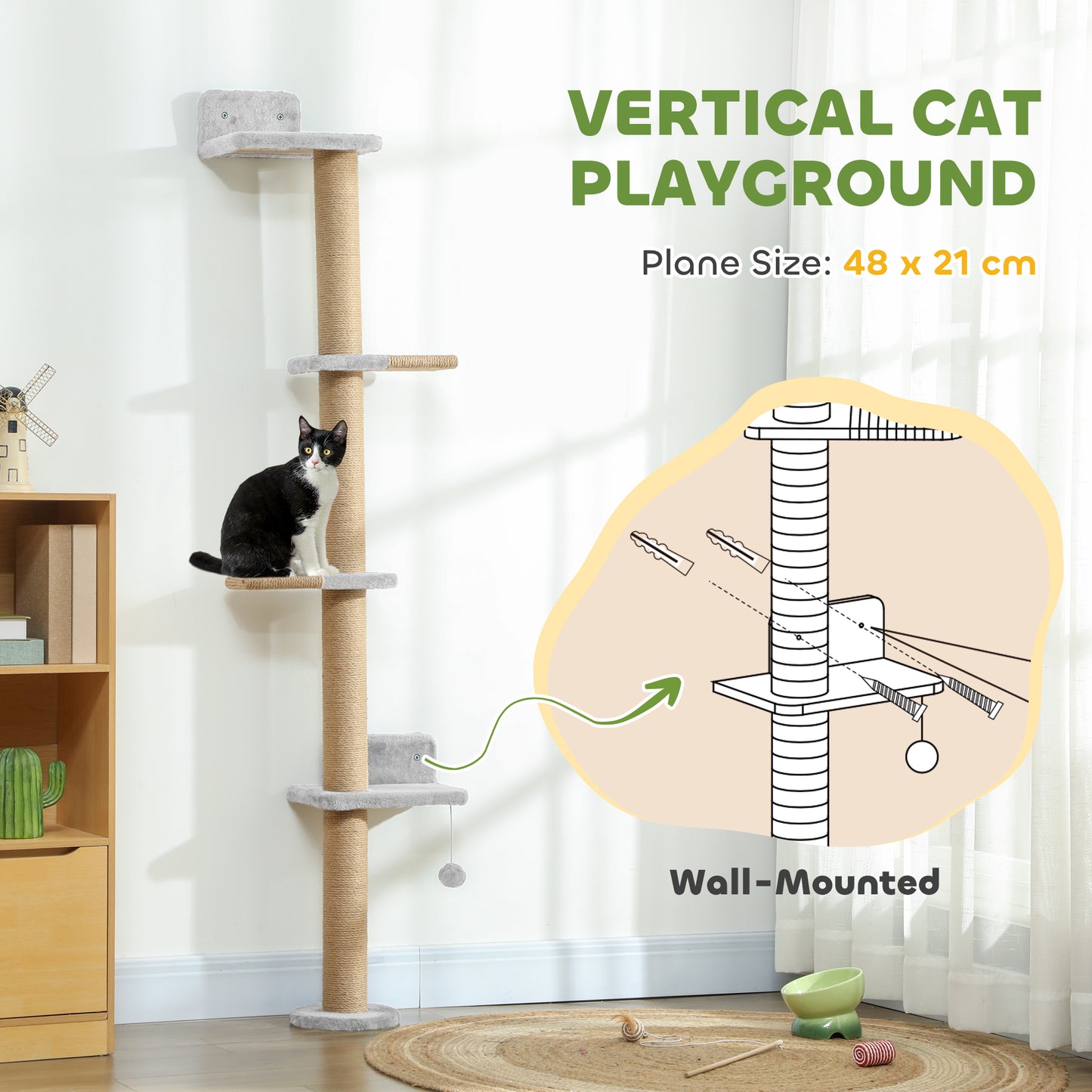 Wall Mounted Cat Shelves, Cat Climbing Wall with 4 Climbing Platforms, Jute Scratching Post and Toy Ball,180cm Tall