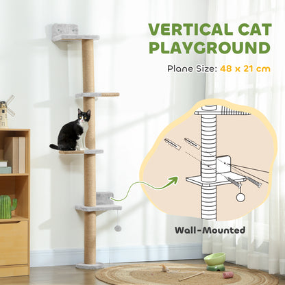 Wall Mounted Cat Shelves, Cat Climbing Wall with 4 Climbing Platforms, Jute Scratching Post and Toy Ball,180cm Tall