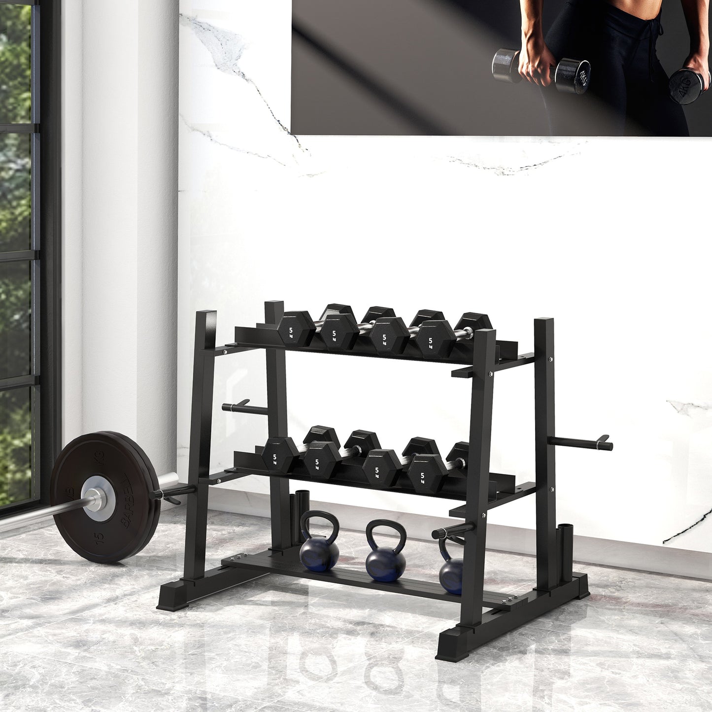 3-Tier Dumbbell Rack, Versatile Weight Rack with 4 Weight Rods for Dumbbells, Kettlebells and Plates (Rack Only)