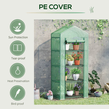 4 Tier Mini Greenhouse, Portable Compact Green House with Steel Frame, PE Cover, Roll-up Door, 70 x 50 x 160 cm, Green