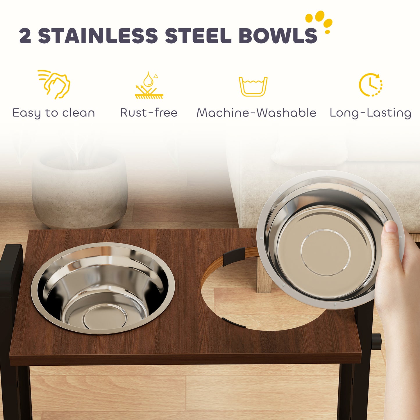 Raised Dog Bowls with Stand, 4 Heights Adjustable Pet Feeder with 3 Adjustable Angles for Small, Medium & Large Breeds, Brown