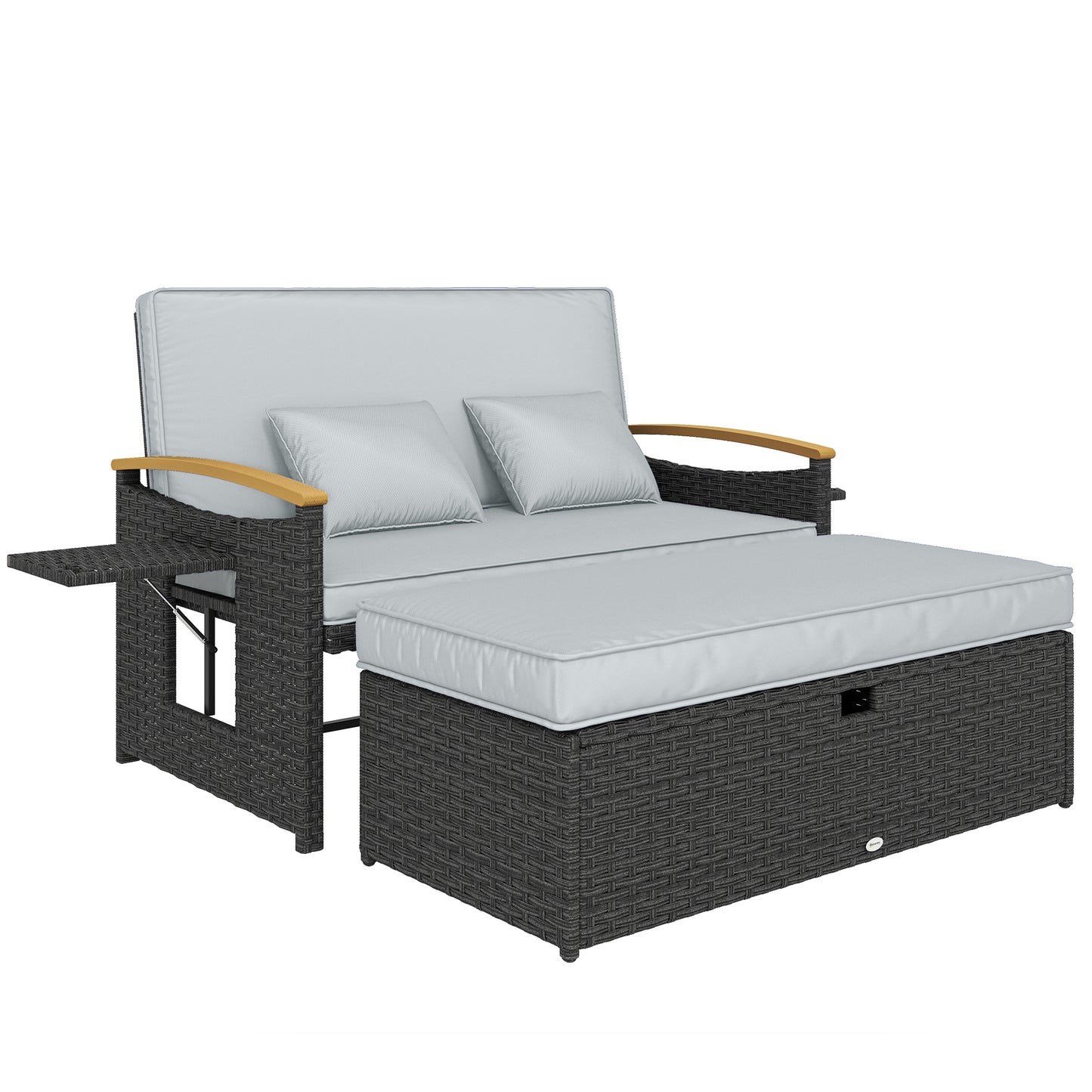 Double Garden Rattan Daybed, Wicker Sun Bed Chaise Lounger with Storage Ottoman, 4-Level Adjustable Backrest, Dark Grey
