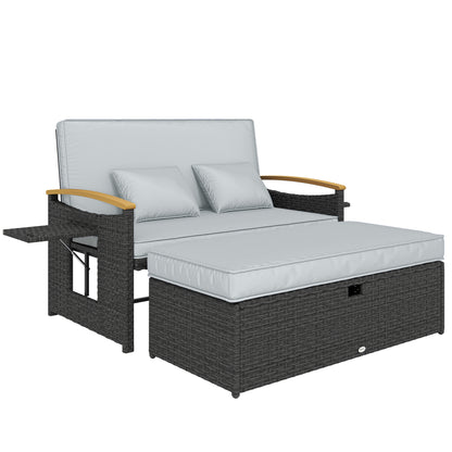 Double Garden Rattan Daybed, Wicker Sun Bed Chaise Lounger with Storage Ottoman, 4-Level Adjustable Backrest, Dark Grey