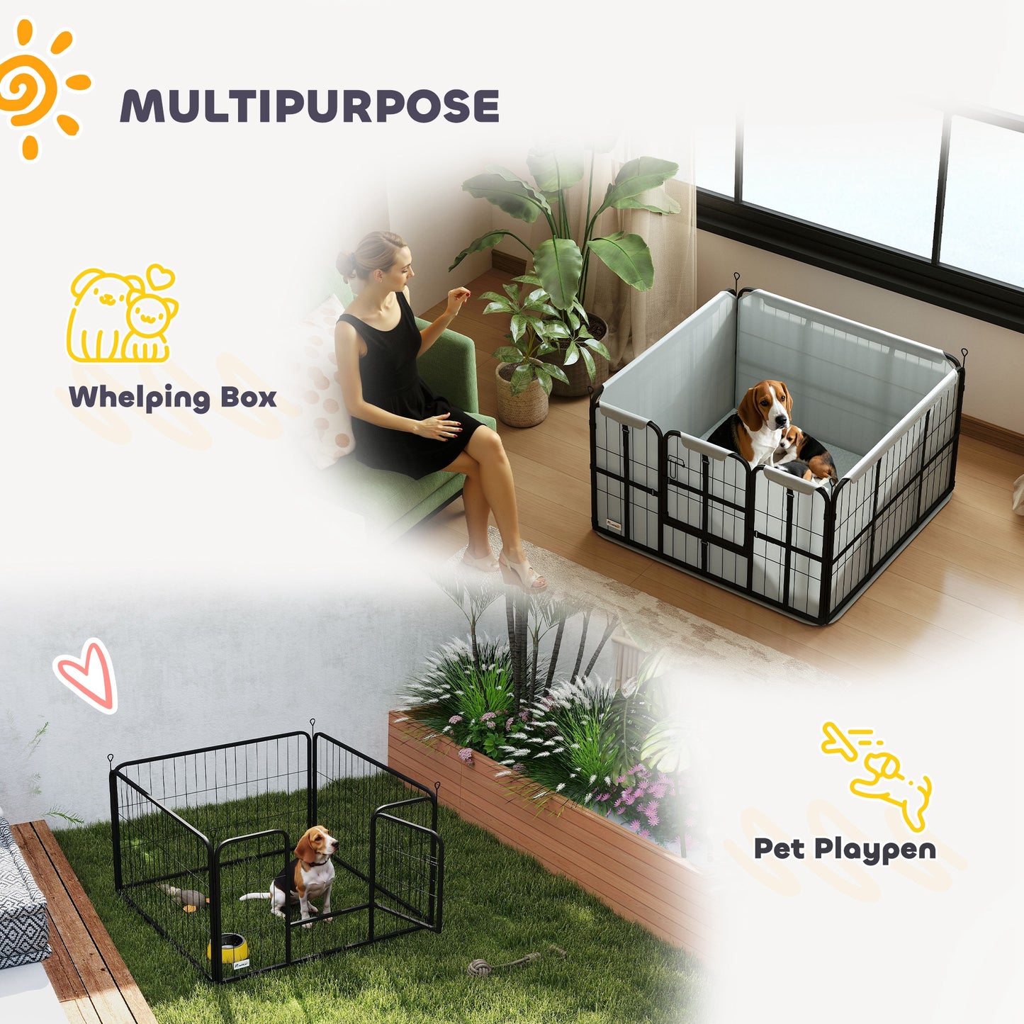 Steel Dog Whelping Box with Washable Whelping Pad, Wind-Resistant Cloth, for Small, Medium Dogs, 102 x 102 x 60cm
