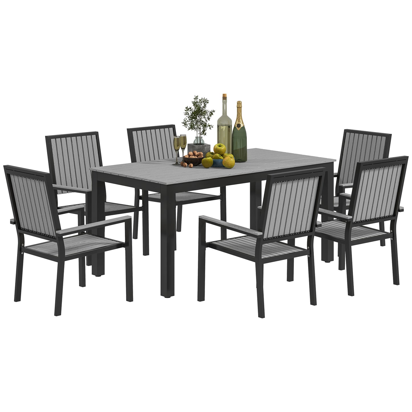 6 Seater Garden Dining Set with Stackable Chairs, Aluminium Frame, Rectangular Plastic Top, Garden Furniture Set