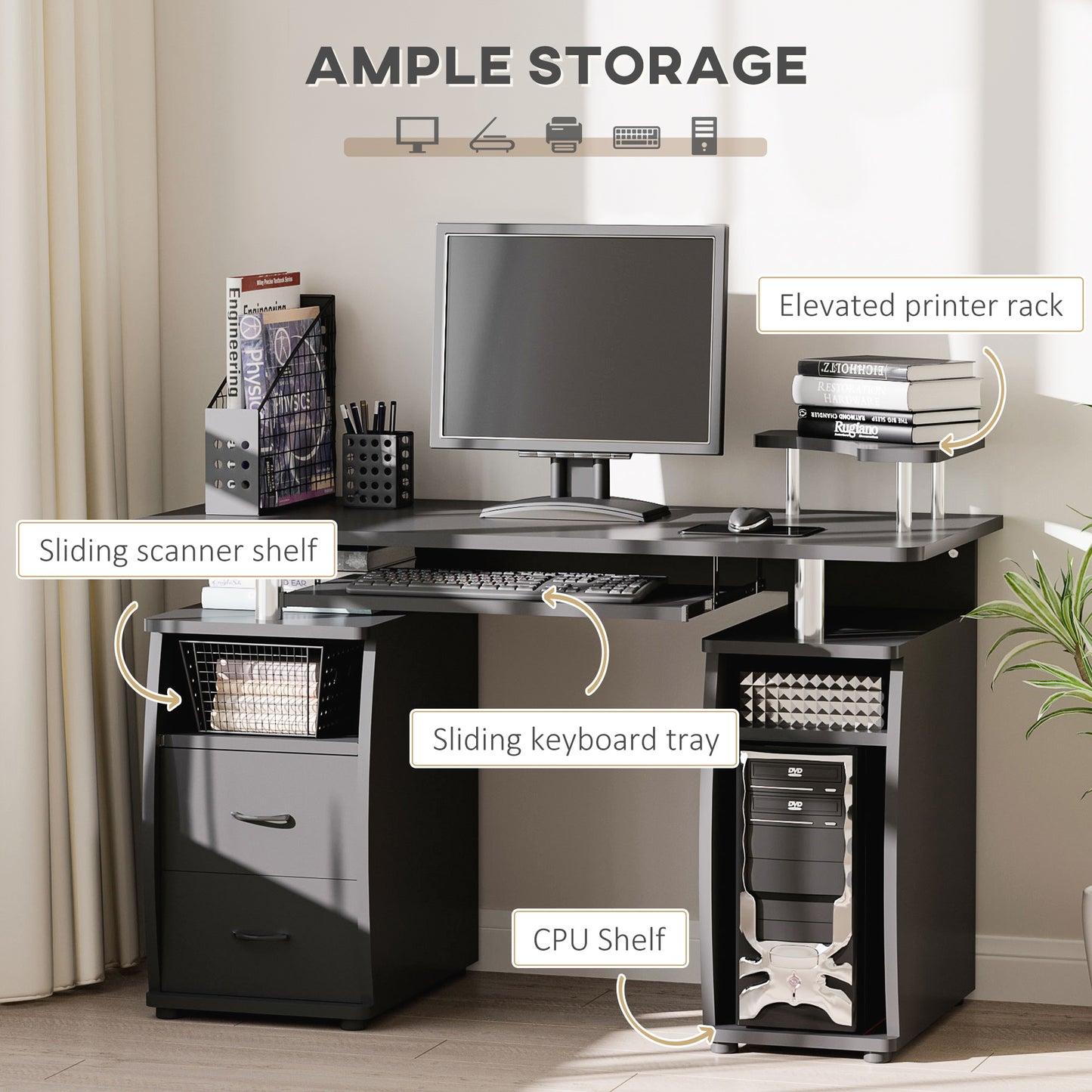 Study Desk Writing Table for Home Office, Student Workstation with Drawers, Sliding Shelf and Storage, Black