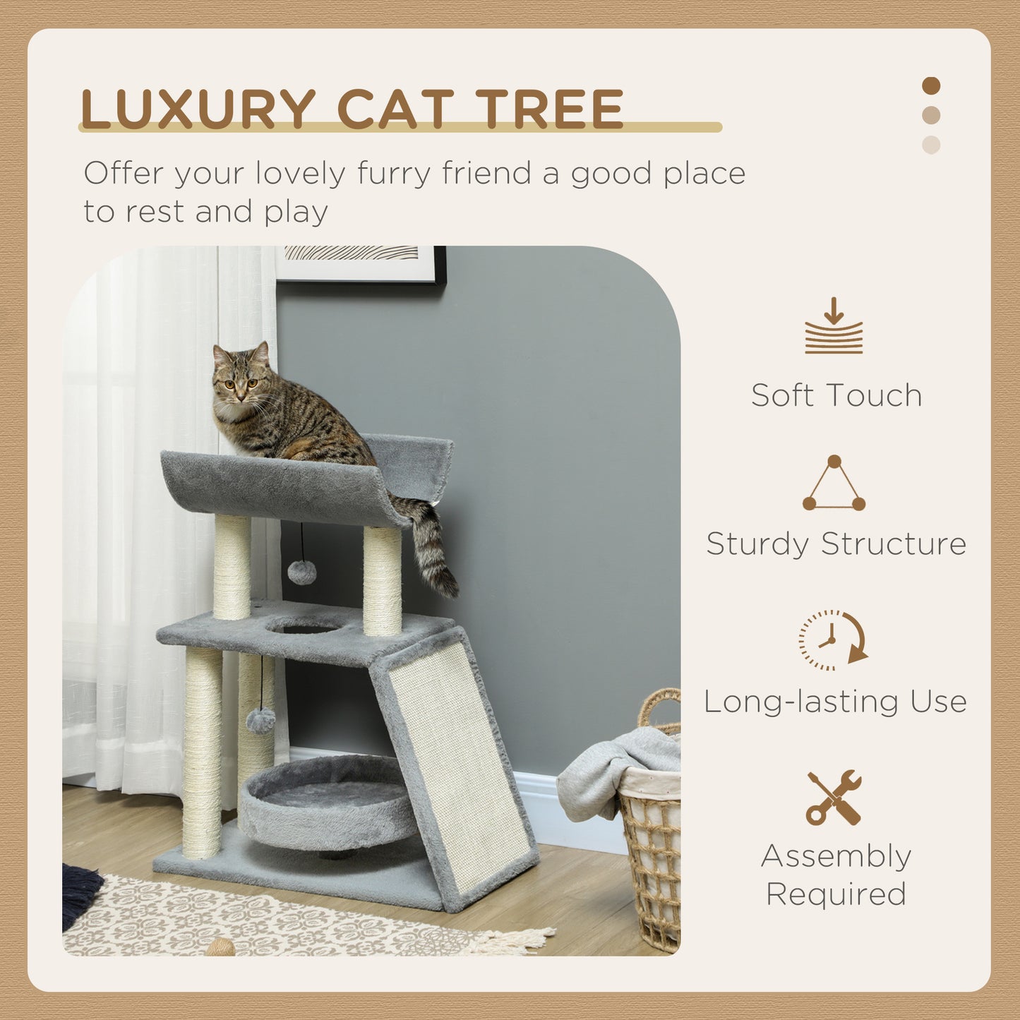 Cat Tree Tower, with Scratching Posts, Pad, Bed, Perch, Toy Ball - Light Grey