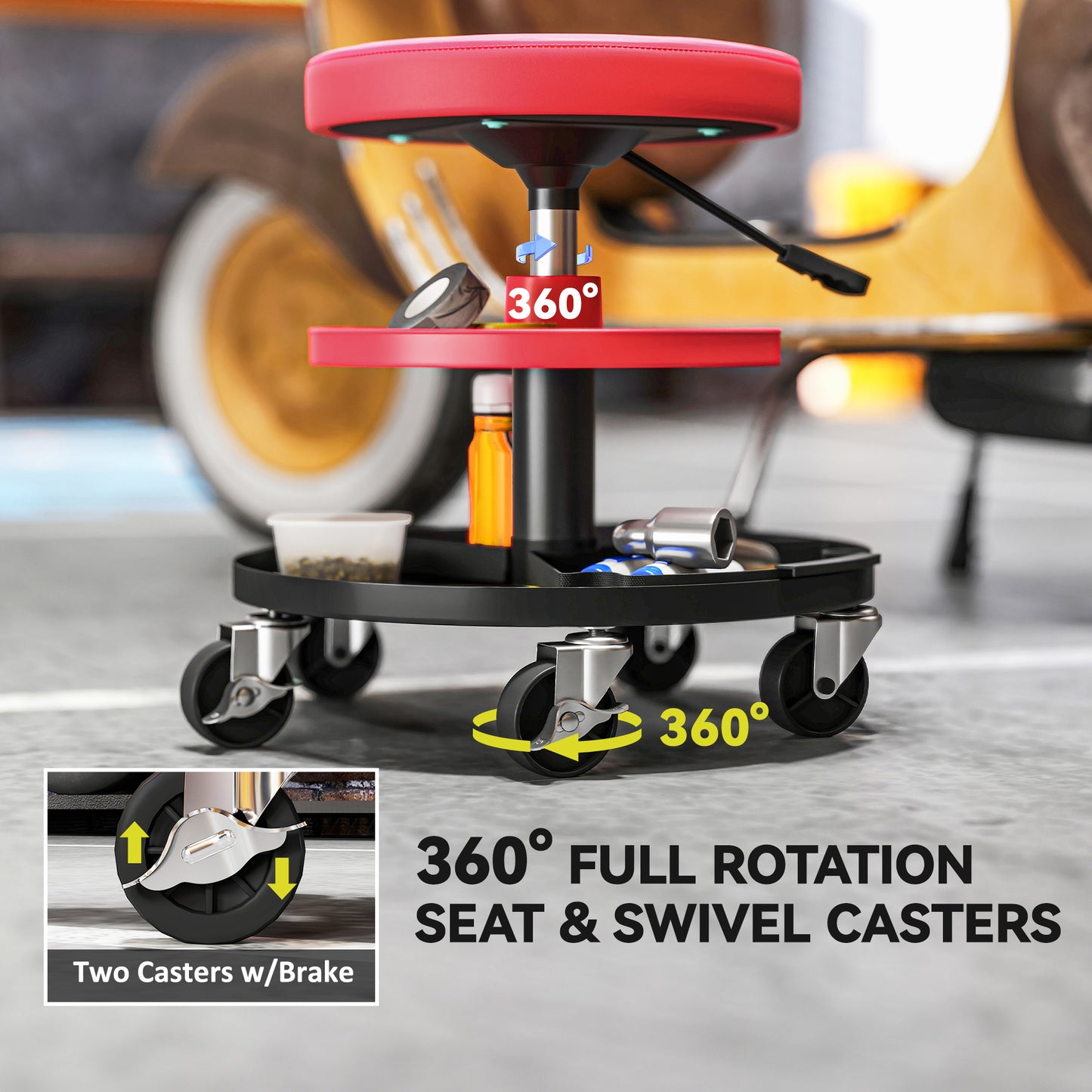 Rolling Mechanic Stool, 135kg Capacity Workshop Stool, 360° Swivel Roller Padded Creeper Seat with Wheels