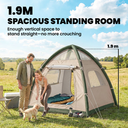 Inflatable Camping Tent with Rainfly, 3 Man Air Tent 3000mm Waterproof Blow Up Tents, Beige