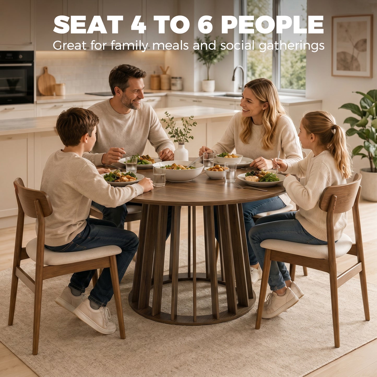 Dining Table for 4-6 People Modern Kitchen Table with Slatted Base 120 cm Round Light Walnut