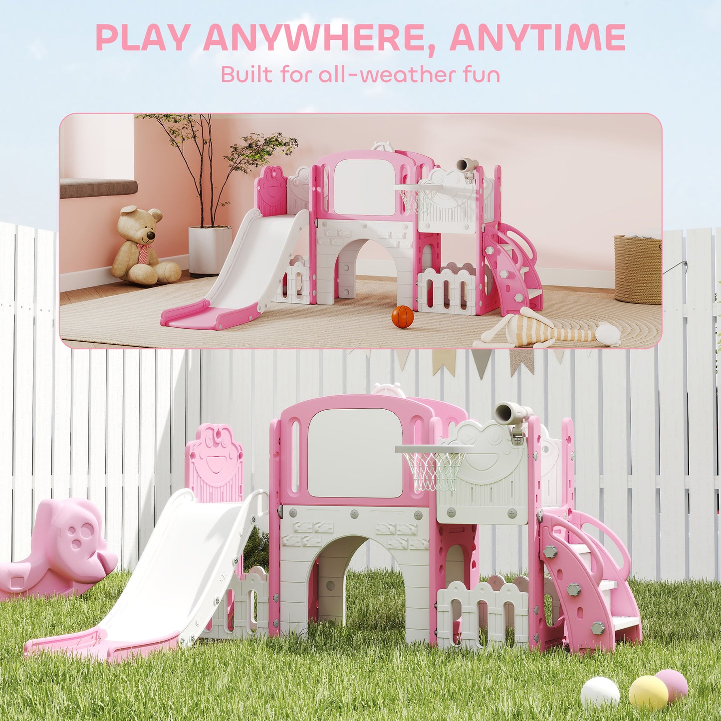 7 in 1 Toddler Slide Set with Basketball Hoop, Climbing Frame, Telescope, Drawing Board, Storage Box, Pink