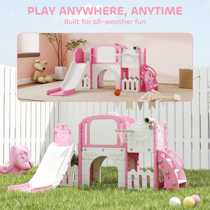7 in 1 Toddler Slide Set with Basketball Hoop, Climbing Frame, Telescope, Drawing Board, Storage Box, Pink