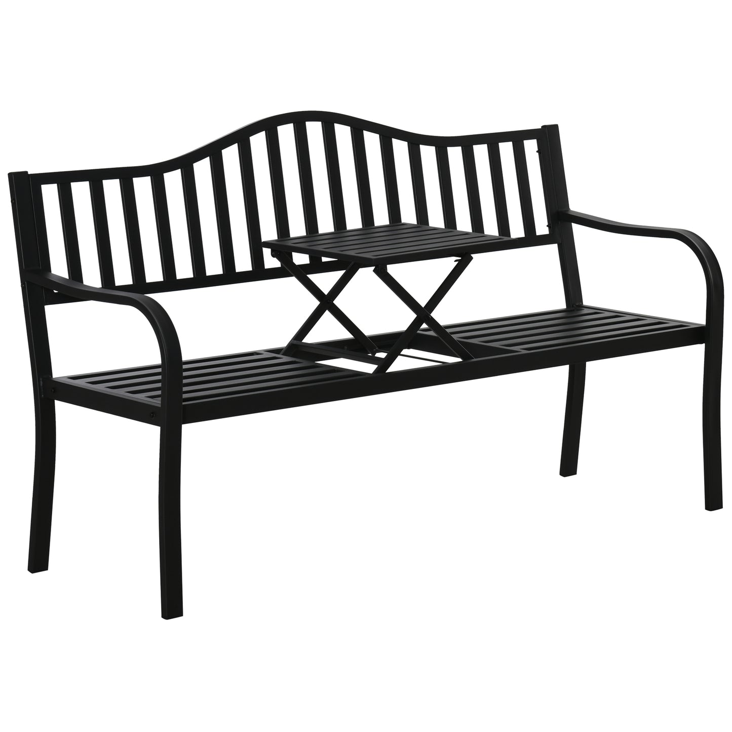 Metal Outdoor Bench with Liftable Middle Table, Patio Loveseat, Garden Bench for Garden, Porch, Seats 2–3 People, Black