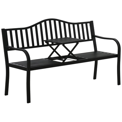 Metal Outdoor Bench with Liftable Middle Table, Patio Loveseat, Garden Bench for Garden, Porch, Seats 2–3 People, Black