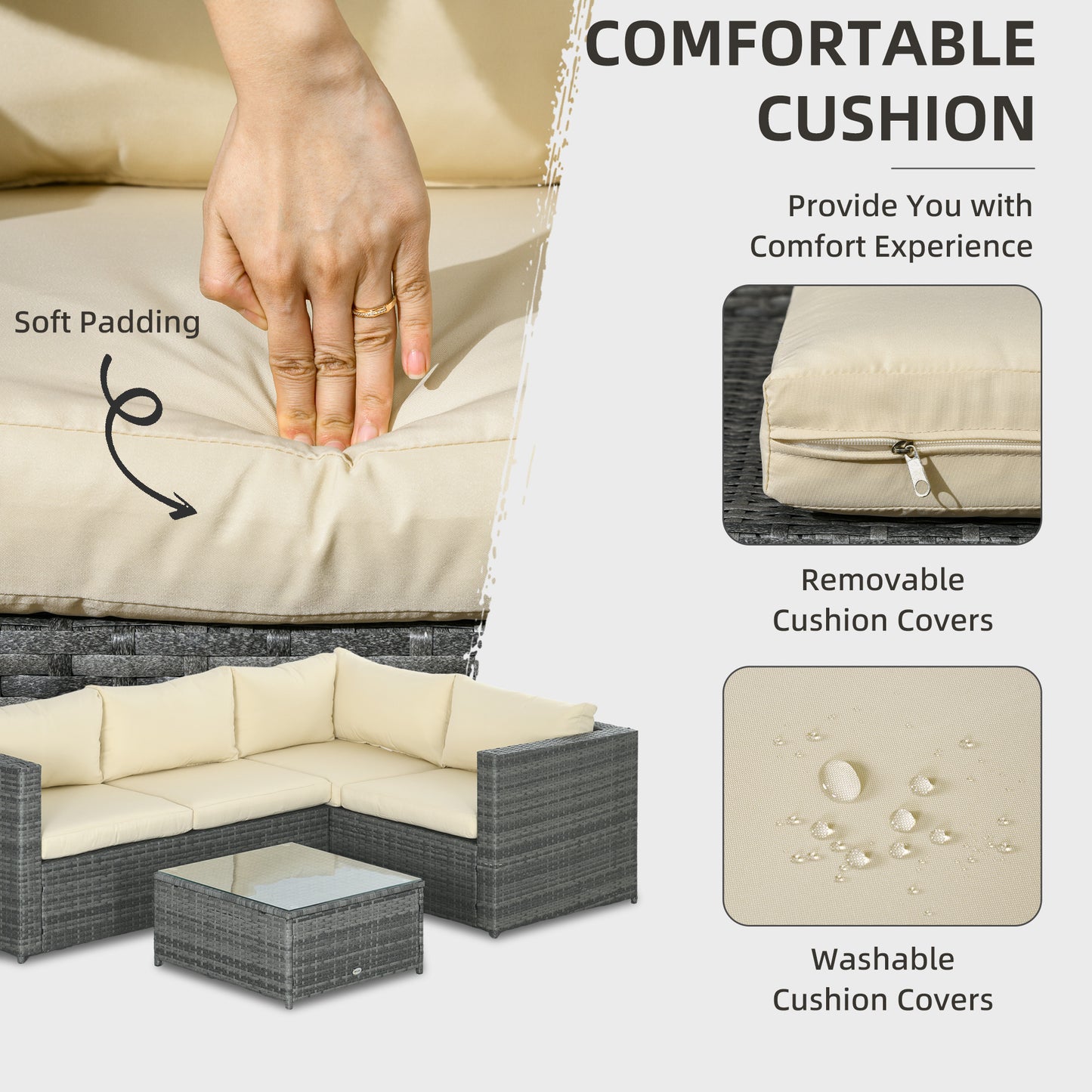 3 Pieces PE Rattan Garden Furniture Set with 10 cm Thick Cushions, 4 Seater Garden Corner Sofa Set