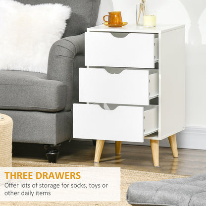 Bedside Table, Bedside Cabinet with 3 Drawers, Side End Table with Pine Wood Legs for Bedroom Living Room, White