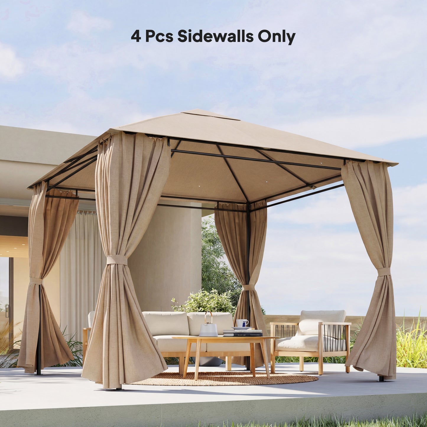 4 Pack Replacement Gazebo Curtains Privacy Panel for Most 3 x 3 m Gazebo, Outdoor Shelter Sidewalls, Khaki