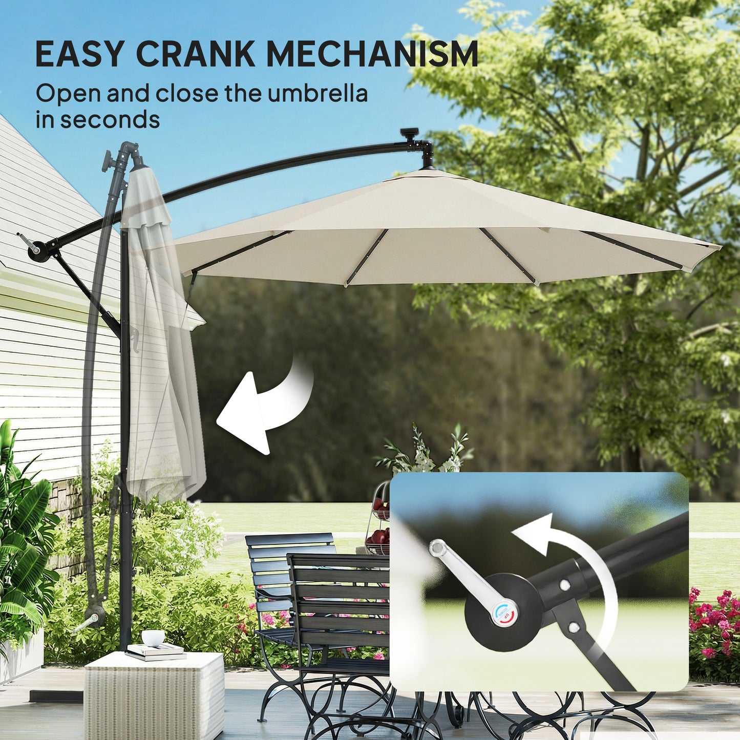 3 m Cantilever Parasol with Solar LED Lights Garden Umbrella with Cross Base, Cream White