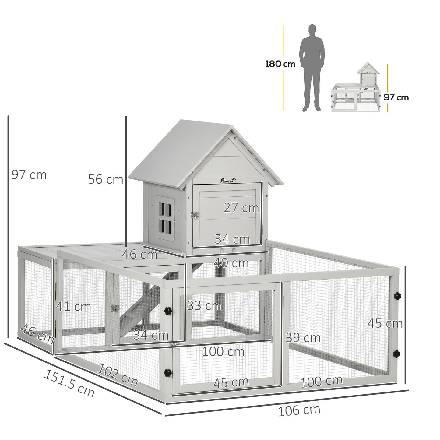 Indoor Rabbit Hutch, Guinea Pig Cage, with Slide-Out Tray, Large Fenced Area - Light Grey
