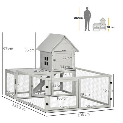 Indoor Rabbit Hutch, Guinea Pig Cage, with Slide-Out Tray, Large Fenced Area - Light Grey