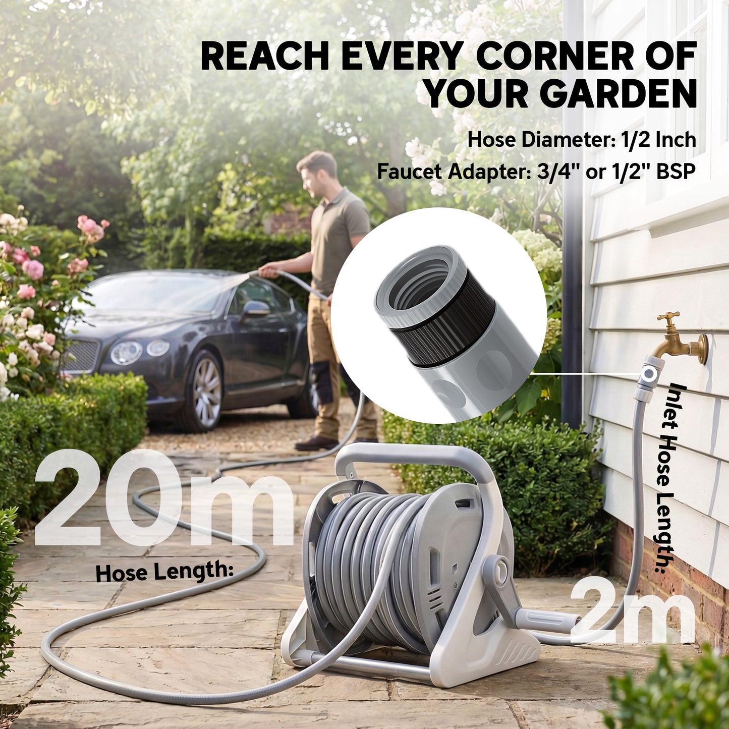 Portable Garden Hose Reel, 20+2 m Wall Mounted Hose Reel with 2 Patterns Spray Nozzle and Crank Handle, Grey