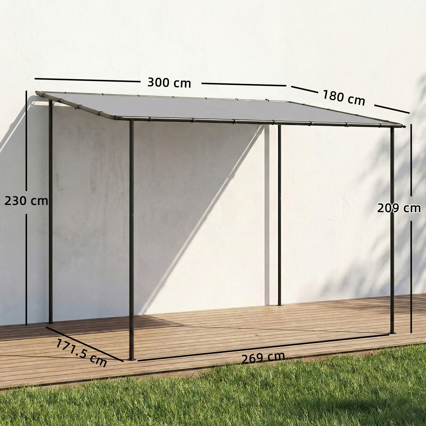 3 x 2 m Lean to Garden Pergola, Metal Frame Gazebo Pergola with UPF30+ Protection, Sloped Roof, Drainage Holes, Grey