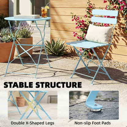 Folding Garden Bistro Set, Outdoor Round Bistro Table and Chairs Set 2 with Electrophoresis Metal Frame, Light Blue