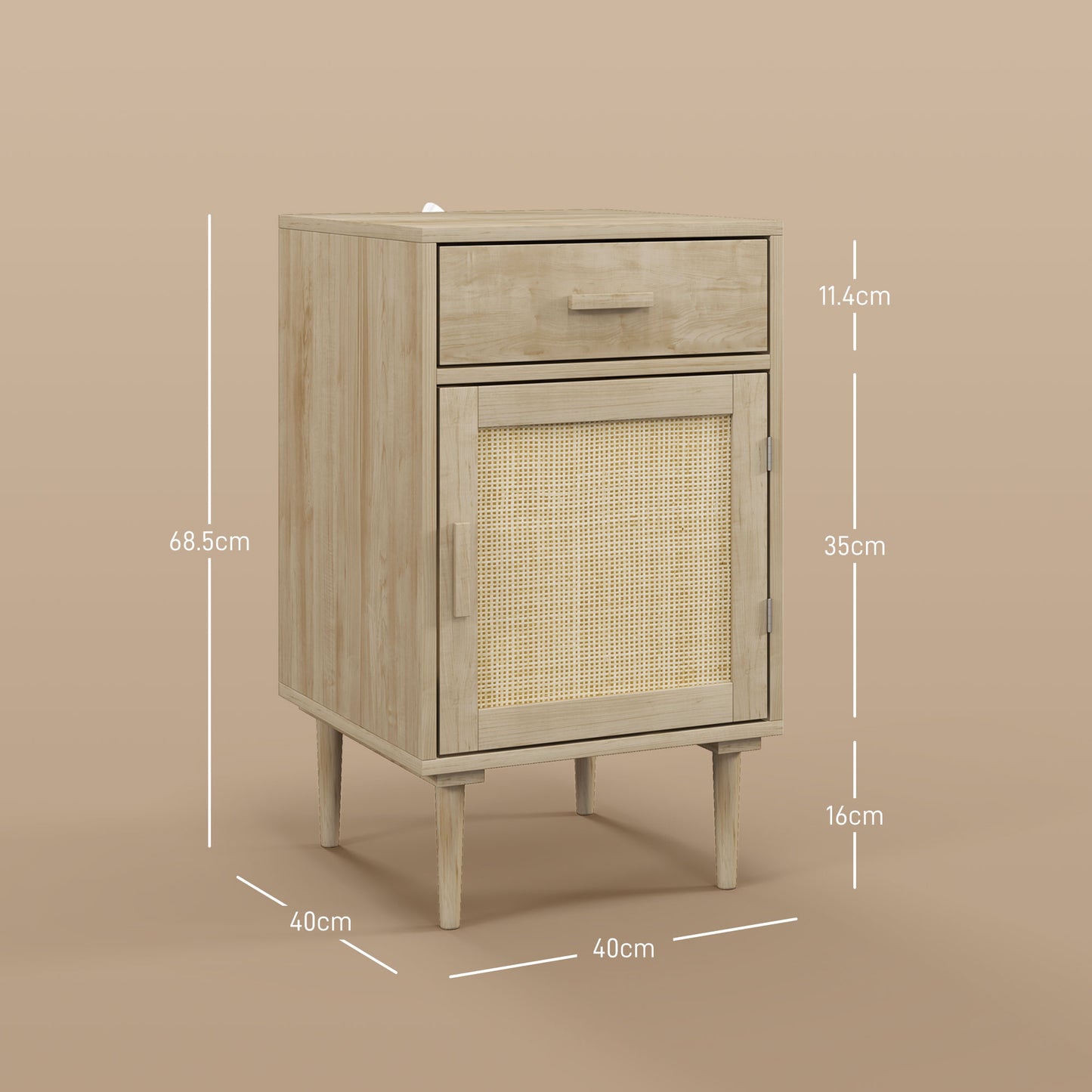 Bedside Table, Rattan Side Tables with Drawer, Cabinet and Adjustable Shelf, Boho Bedside Cabinet with Storage for Bedroom