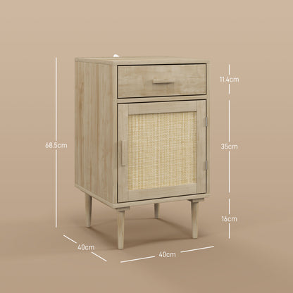 Bedside Table, Rattan Side Tables with Drawer, Cabinet and Adjustable Shelf, Boho Bedside Cabinet with Storage for Bedroom