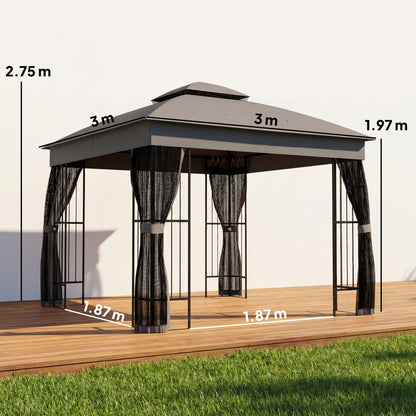 3 x 3 m Outdoor Garden Gazebo with Post Shelves, UPF50+ Double Roof Patio Permanent Pavilion, Grey