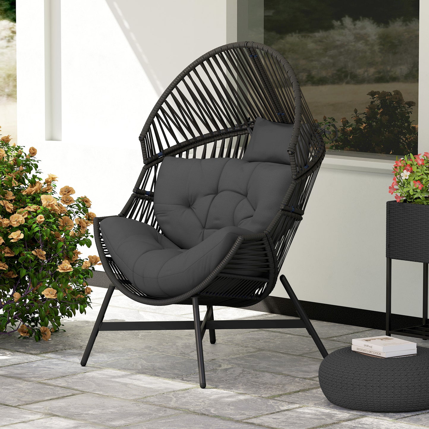 Rattan Egg Chair, Oversized Freestanding Garden Egg Chair with Thick Tufted Cushion, Headrest