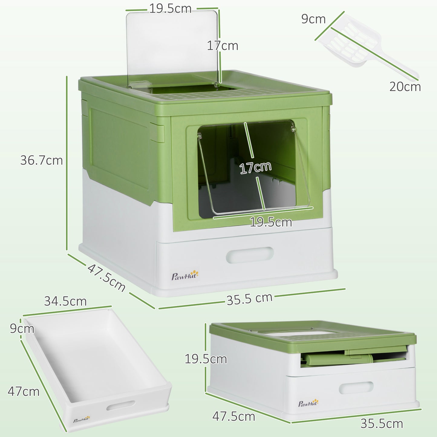 Hooded Cat Litter Box, Portable Pet Toilet, with Scoop, Front Entry - Emerald Green