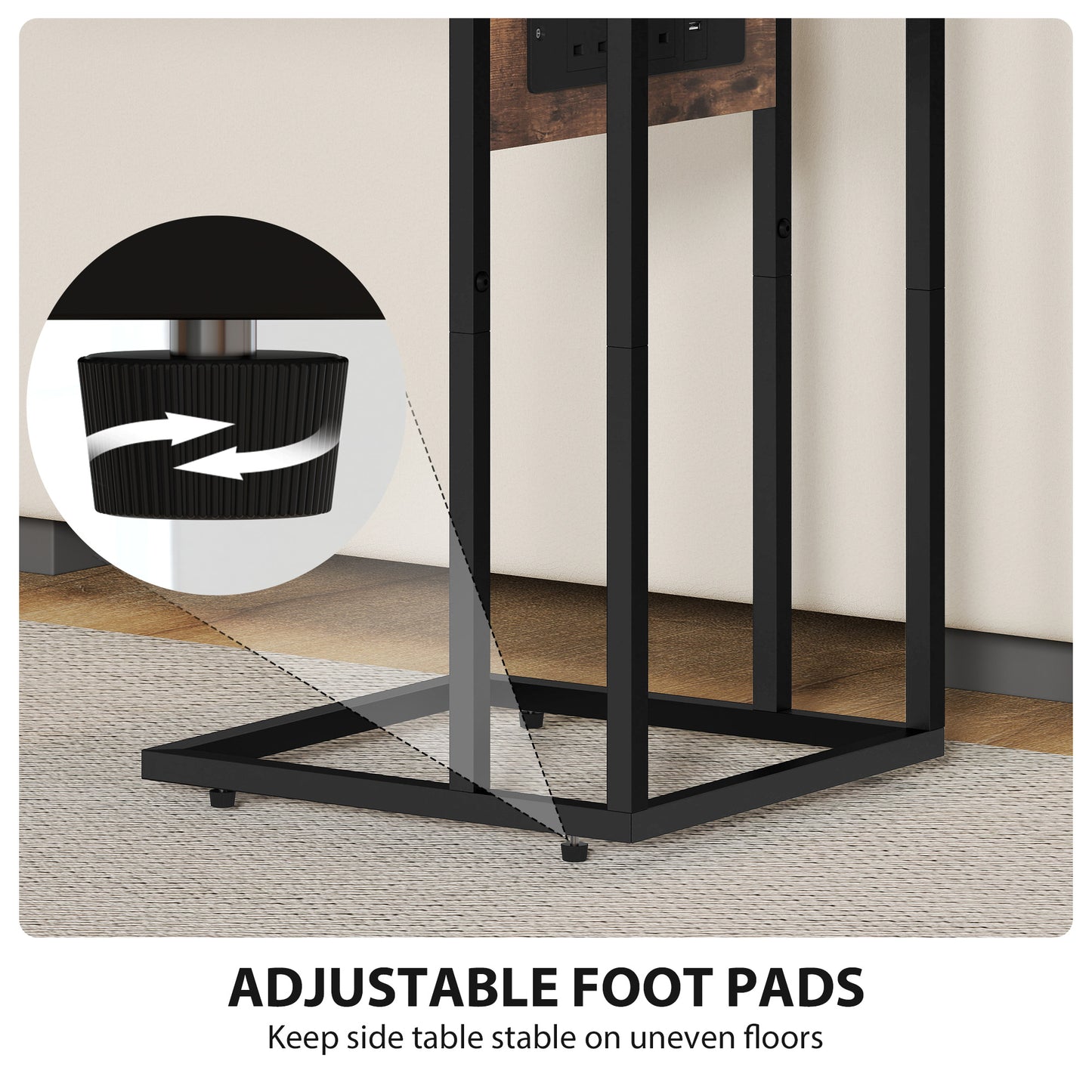 C Shaped Side Table with Charging Station and Foldable Top - Rustic Brown