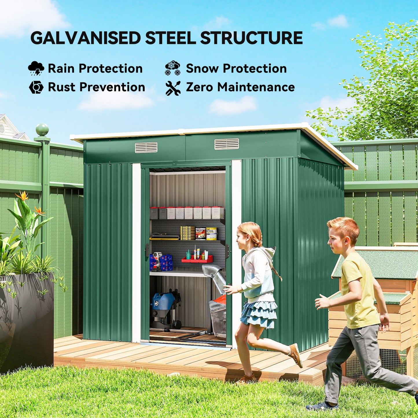 7 x 4ft Outdoor Storage Shed with Foundation Kit, Lean to Metal Garden Shed for Log, Rubbish Bin, Tool, Bike, Green