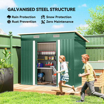 7 x 4ft Outdoor Storage Shed with Foundation Kit, Lean to Metal Garden Shed for Log, Rubbish Bin, Tool, Bike, Green