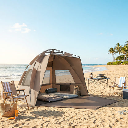 2-3 Person Pop Up Beach Tent, UPF15+ Sun Shelter with Extended Floor, Sandbags, Mesh Windows and Carry Bag, Brown