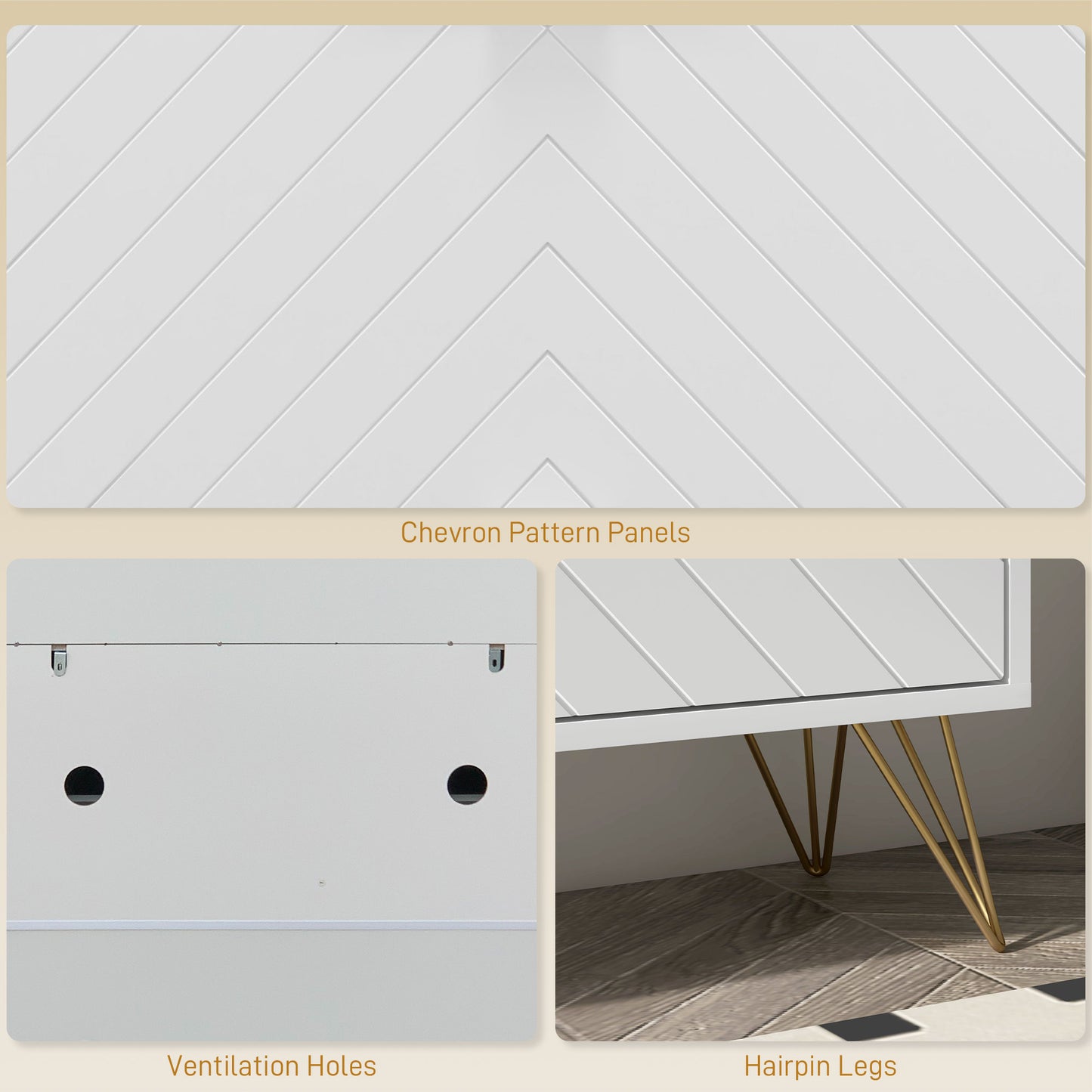 12 Shoe Storage Cabinet with Chevron Indents and Gold Tone Accents - White