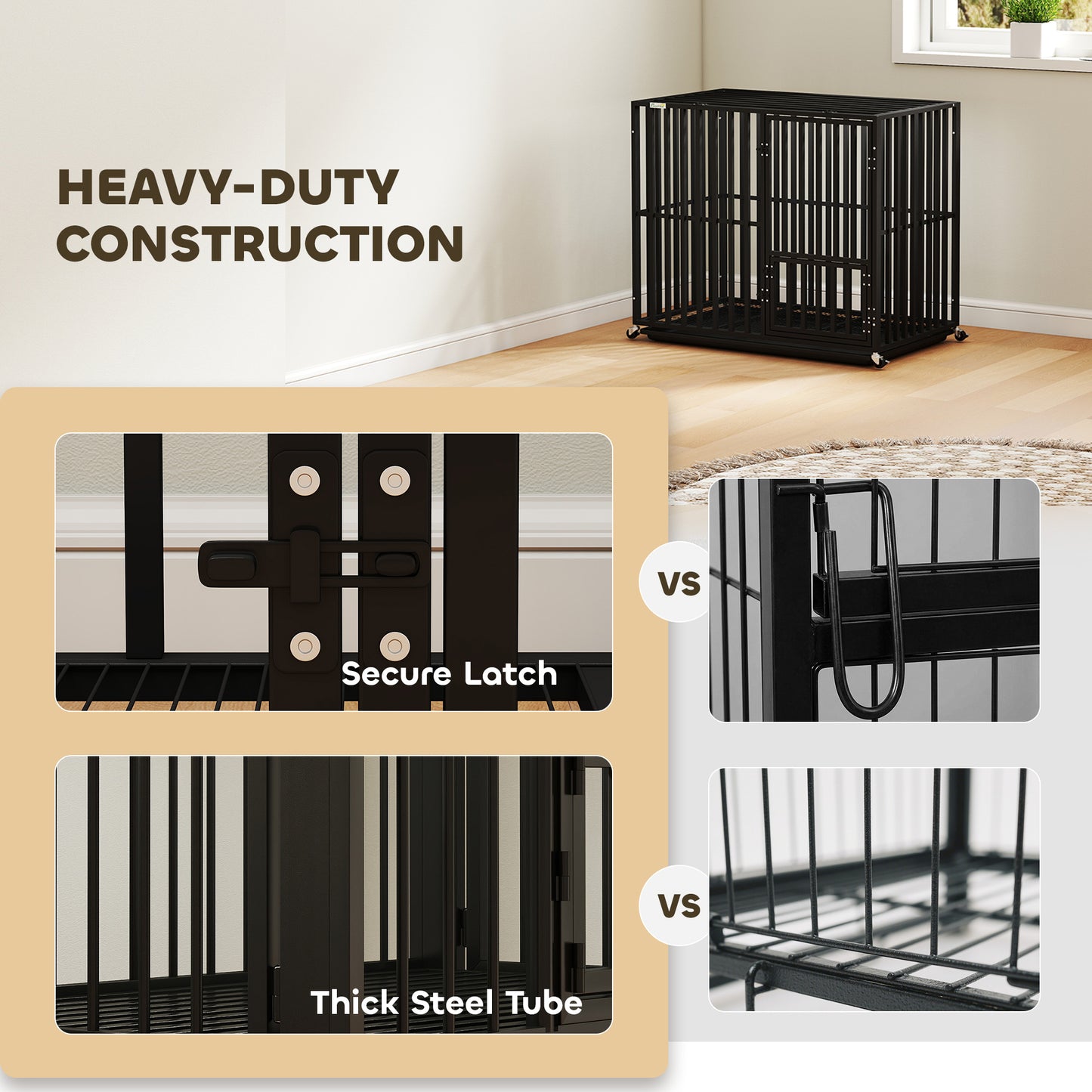 Heavy Duty Dog Crate, Dog Cage with Wheels for Small Medium Breeds, Metal Pet Kennel with Removable Tray