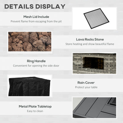Outdoor PE Rattan Gas Fire Pit Table, Patio Square Propane Heater with Rain Cover, Mesh Lid and Lava Stone, 40,000 BTU
