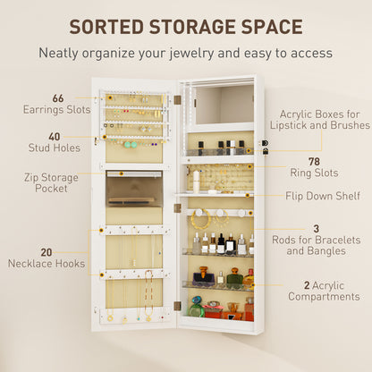LED Mirror Jewellery Cabinet, Wall Mounted Full Length Mirror with Storage, Lockable Jewellery Organiser, White