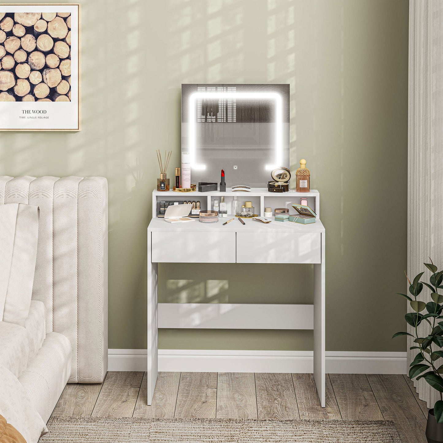 Storage Dressing Table, with LED Light Mirror - White