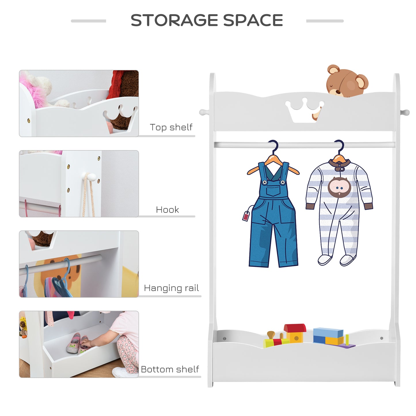 Kids Clothes Rail Wooden Hanging Rack with Storage Shelves Children Garment Freestanding Wardrobe for 3-8 Years Toddler