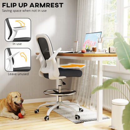 Draughtsman Chair, Mesh Drafting Chair, Ergonomic Office Chair with Flip-up Armrest, Adjustable Foot Ring, Black White