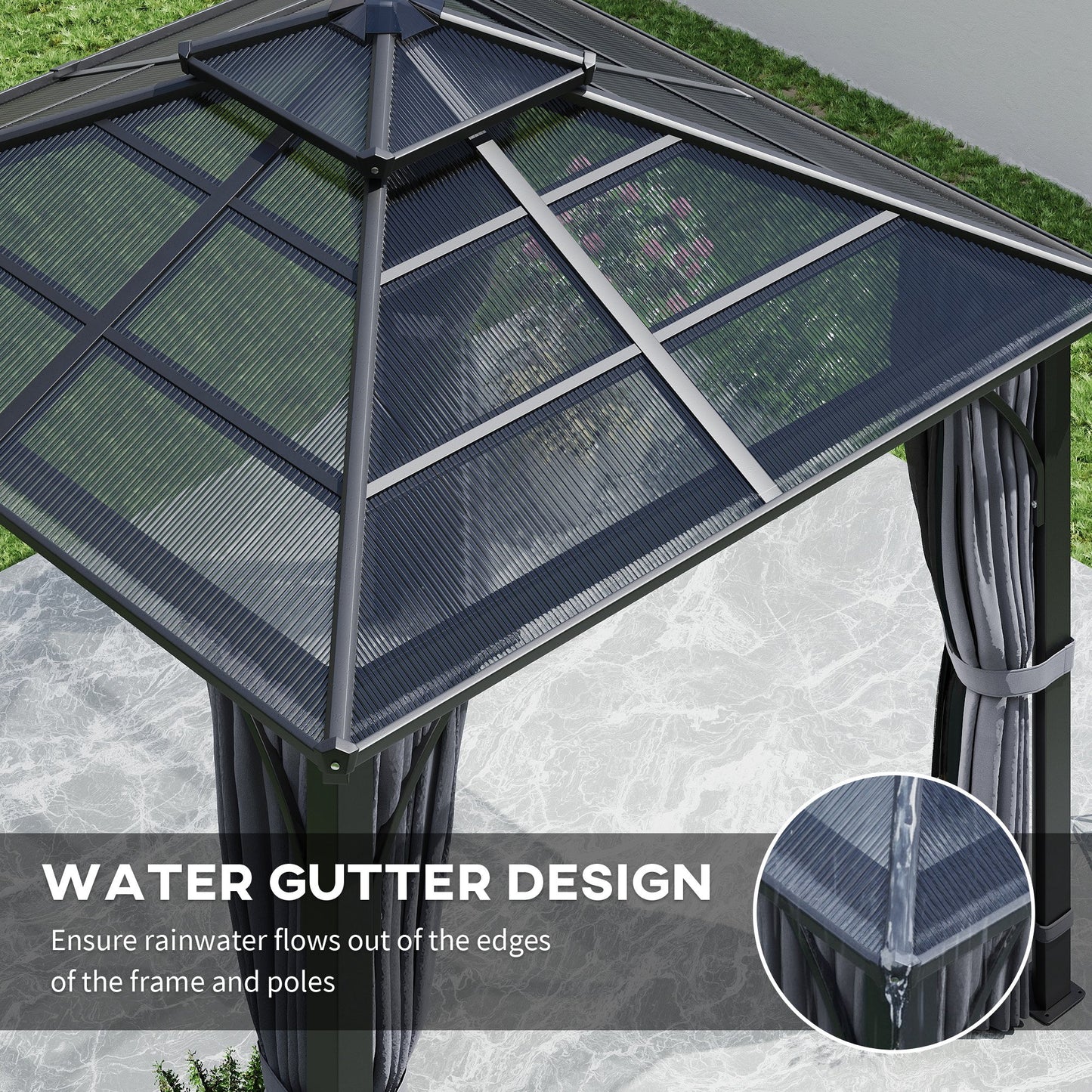 3 x 3(m) Hardtop Gazebo Canopy with 7mm Polycarbonate Double-Tier Roof, Garden Gazebo Permanent Pavilion
