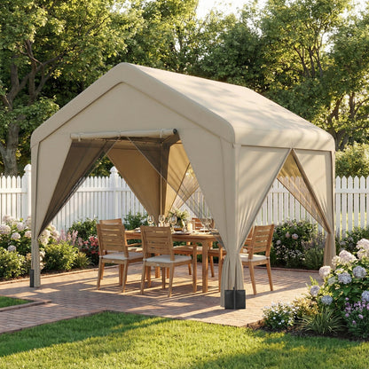 3 x 3 m Patio Gazebo with Netting & Curtains, Outdoor Canopy Shelter with Galvanised Steel Frame, Khaki
