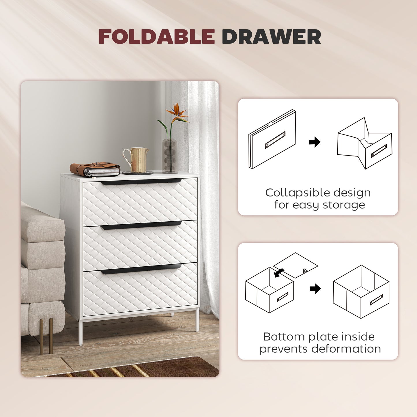 Chest of Drawers, Dresser with 3 Fabric Drawers and Aluminium Handles - White