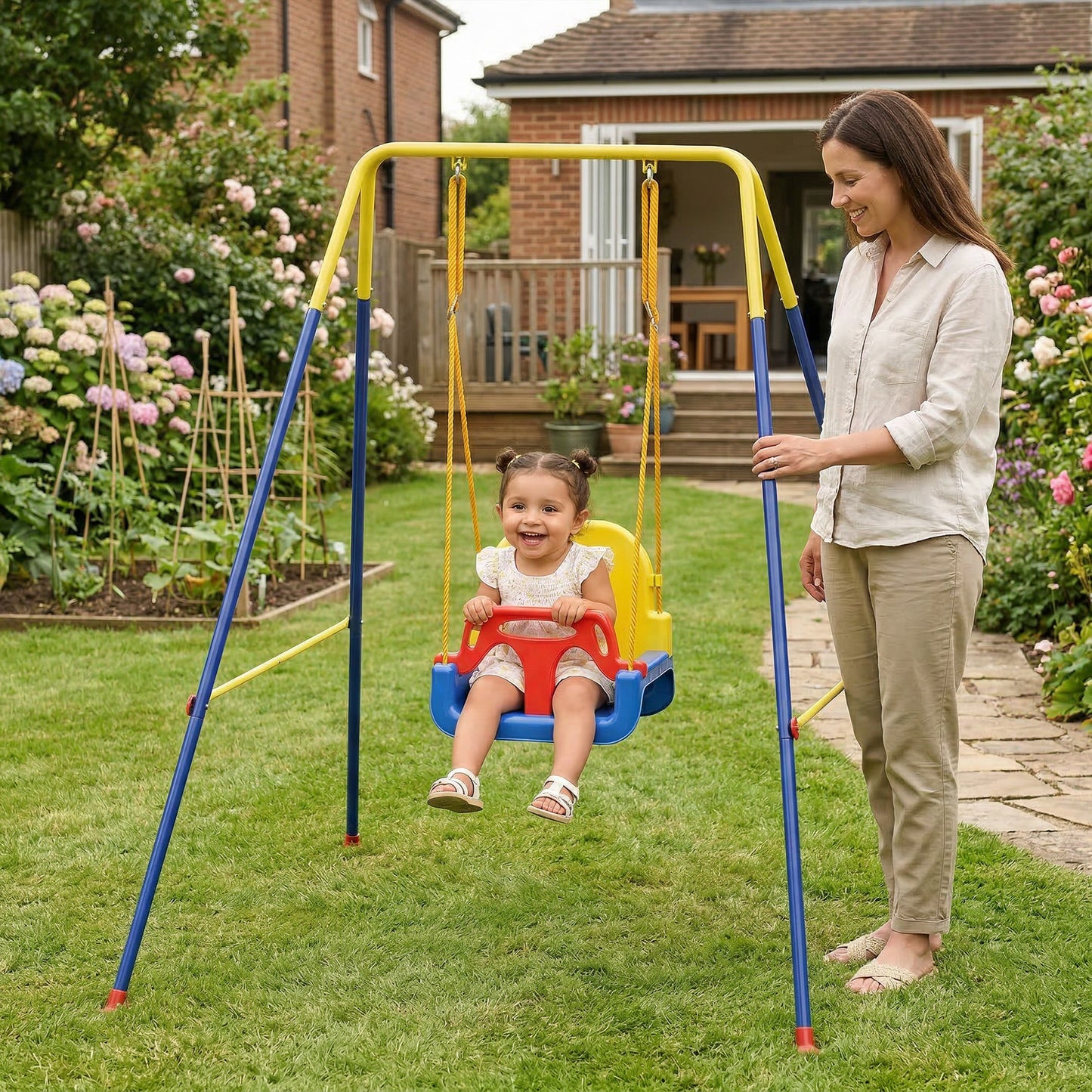 3 in 1 Toddler Swing Set, Folding Child Swing Set with Seat Belt, Adjustable Seat for Outdoor Indoor, Blue