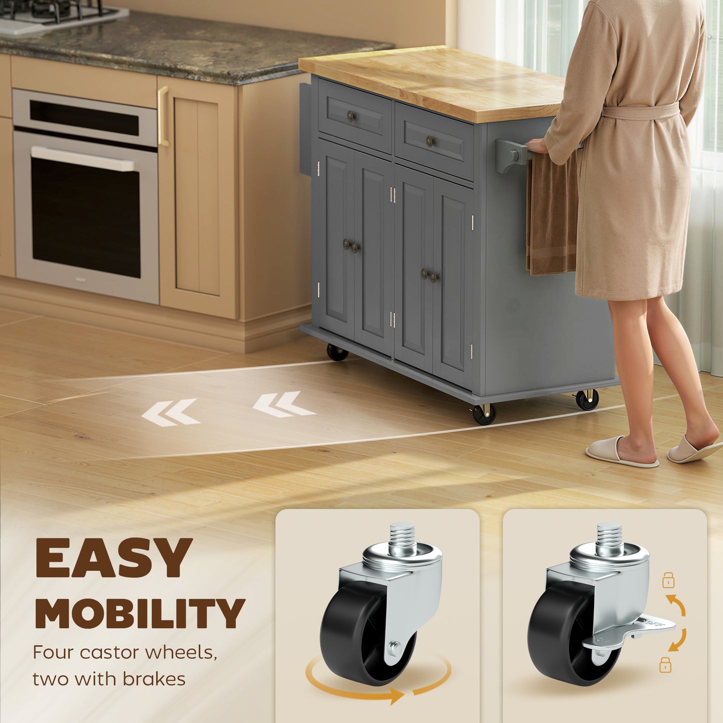 Rolling Kitchen Island Storage Trolley with Rubber Wood Top & Drawers for Dining Room, Grey